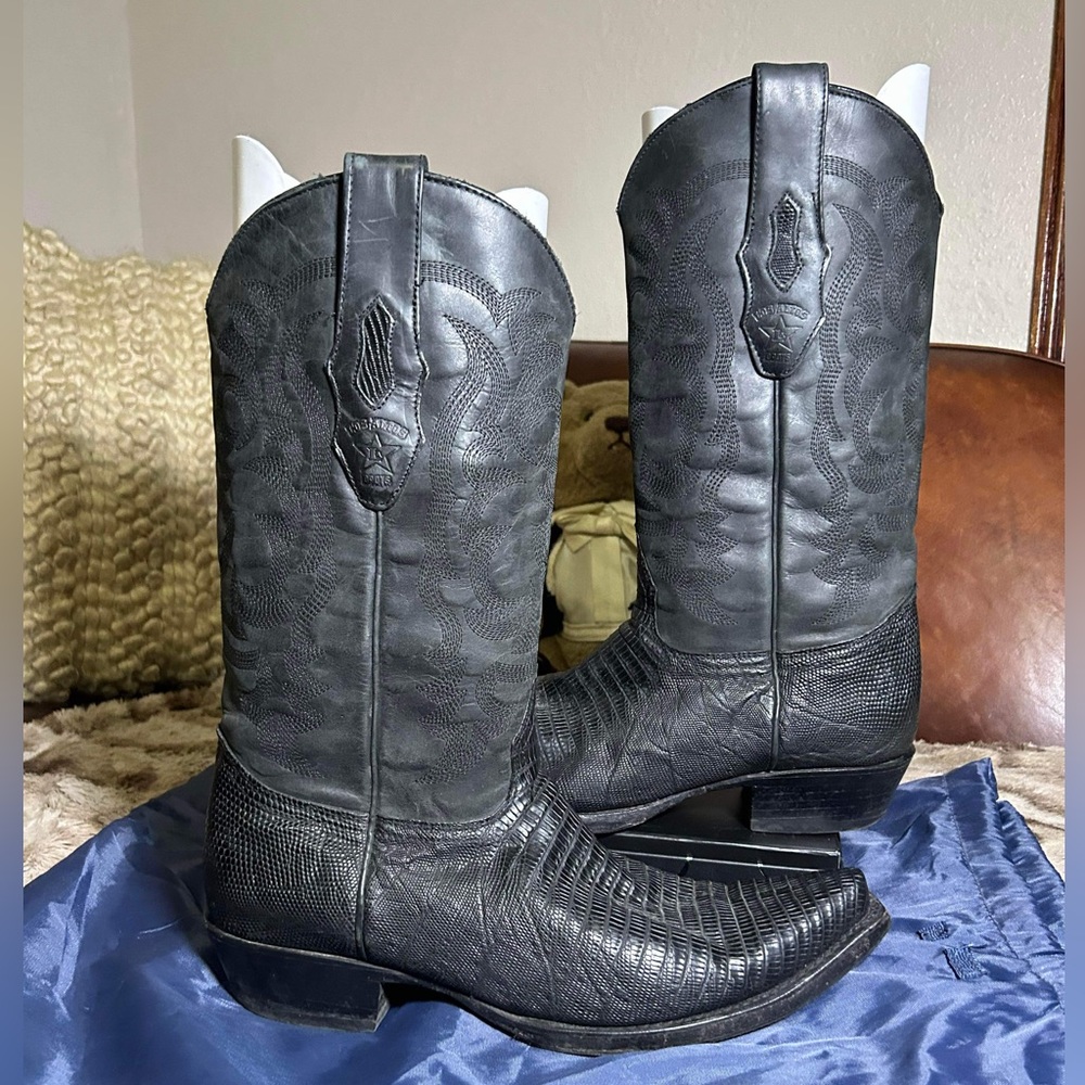 LOS ALTOS MEN BLACK TEJU LIZARD ROUND TOE WESTERN COWBOY BOOT Sz 8.5